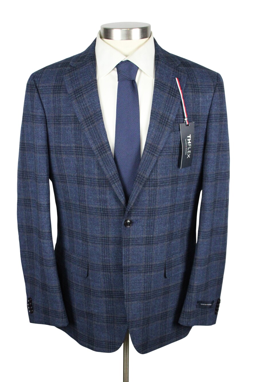 Tommy Hilfiger Conrad Sport Coat Mens 42 L Navy Brown Plaid Flex Stretch Blazer